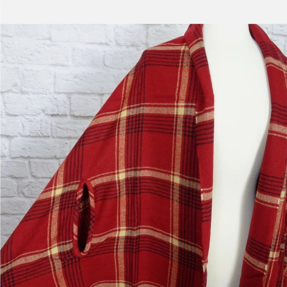Madewell Red Plaid Scarf Cape Poncho with‎ Armholes Fringe Trim Oversized Wrap
